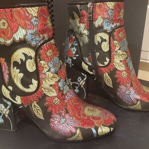 Marc Fisher Red and Black Ankle Boots with Floral Embroidery